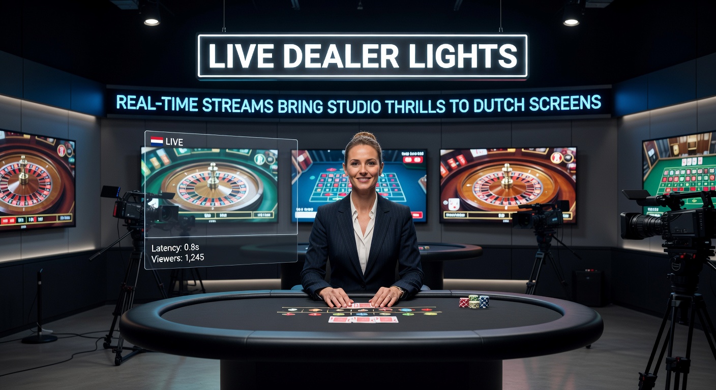 Live dealer in een verlichte studio die blackjack deelt aan spelers, met dynamische spotlights die de kaarten en fiches verlichten voor een authentieke casino-ervaring op Nederlandse schermen
