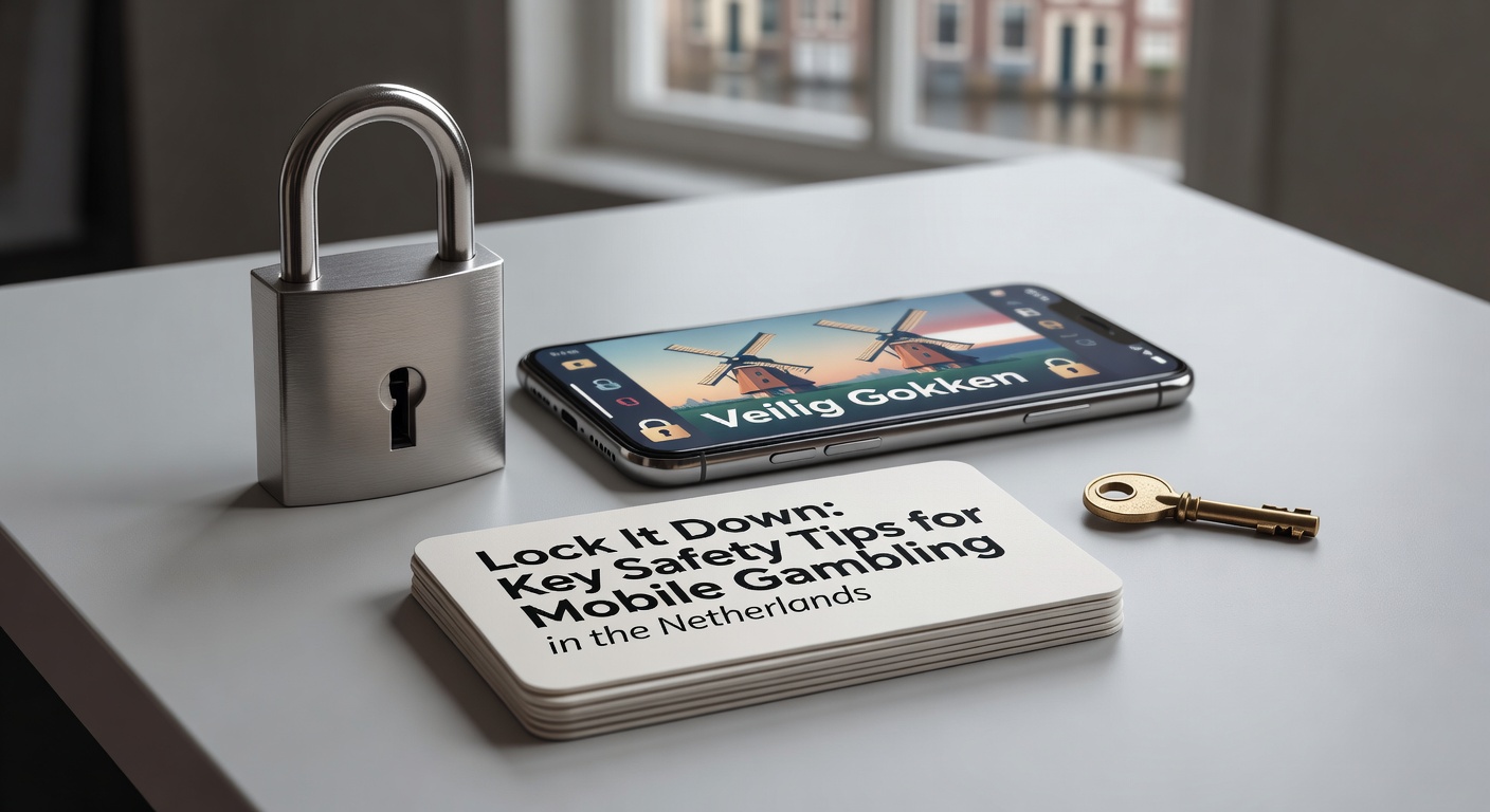 Smartphone met slotpictogram en Nederlandse vlag op een casino-app achtergrond, symboliserend veilige mobiele gokpraktijken
